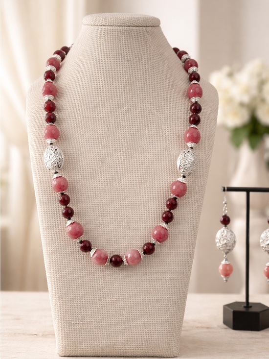 Jewelry - Hand Knotted Strawberry Quartz & Garnet Beaded Necklace with Silver Tone Accents